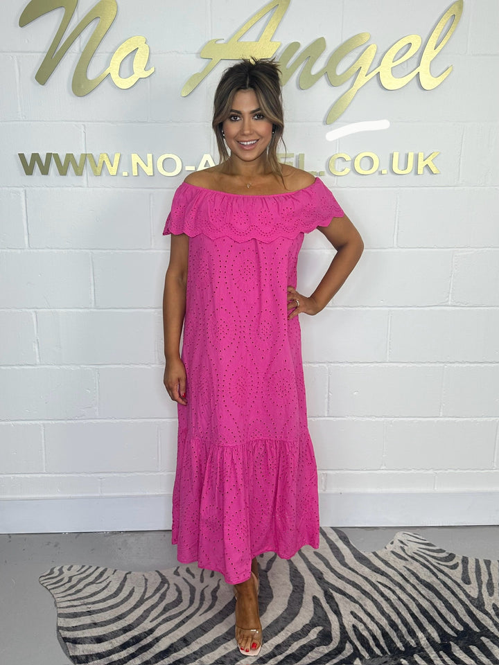 Fuschia Bardot Embroidery Anglaise Maxi Dress 551