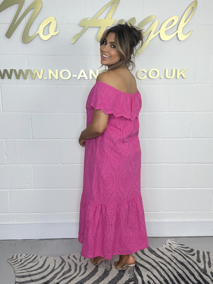 Fuschia Bardot Embroidery Anglaise Maxi Dress 551