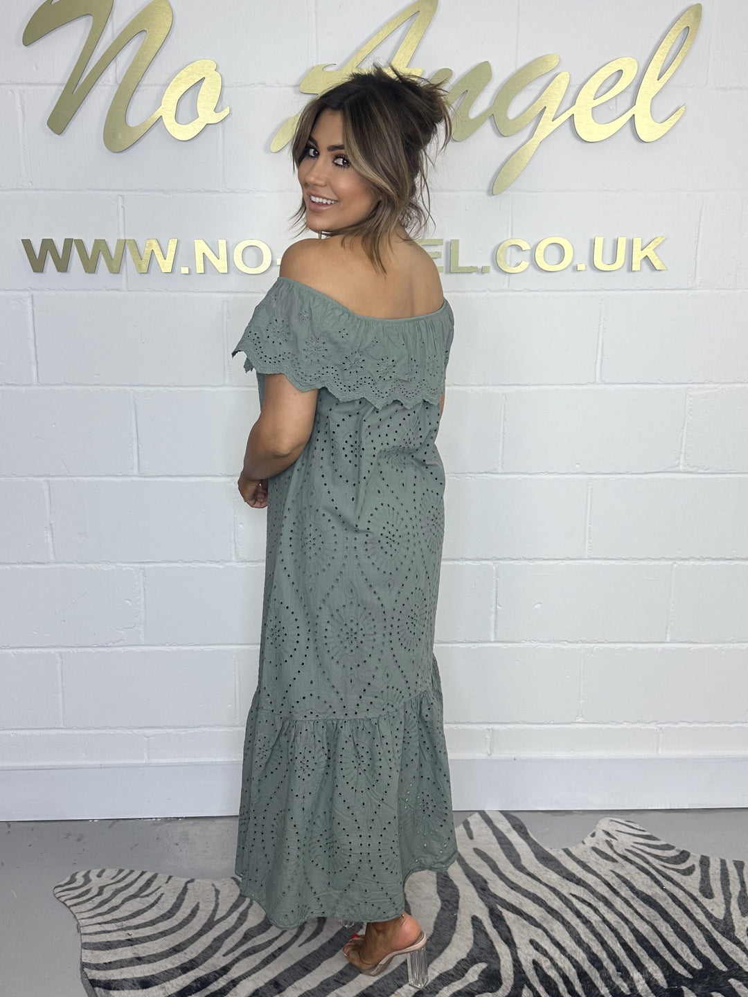 Khaki Bardot Embroidery Anglaise Maxi Dress