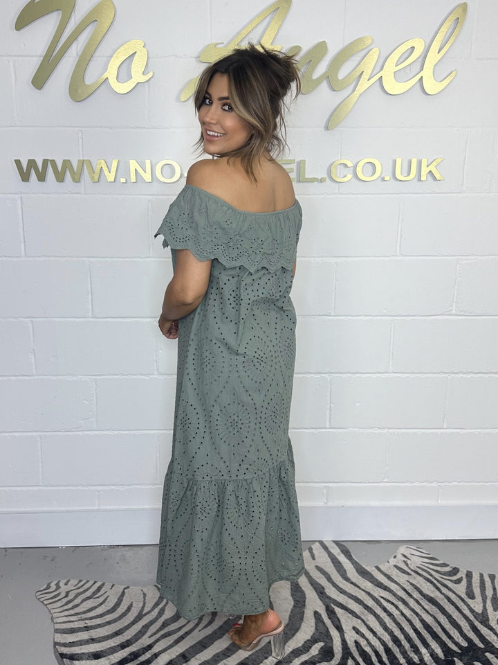 Khaki Bardot Embroidery Anglaise Maxi Dress