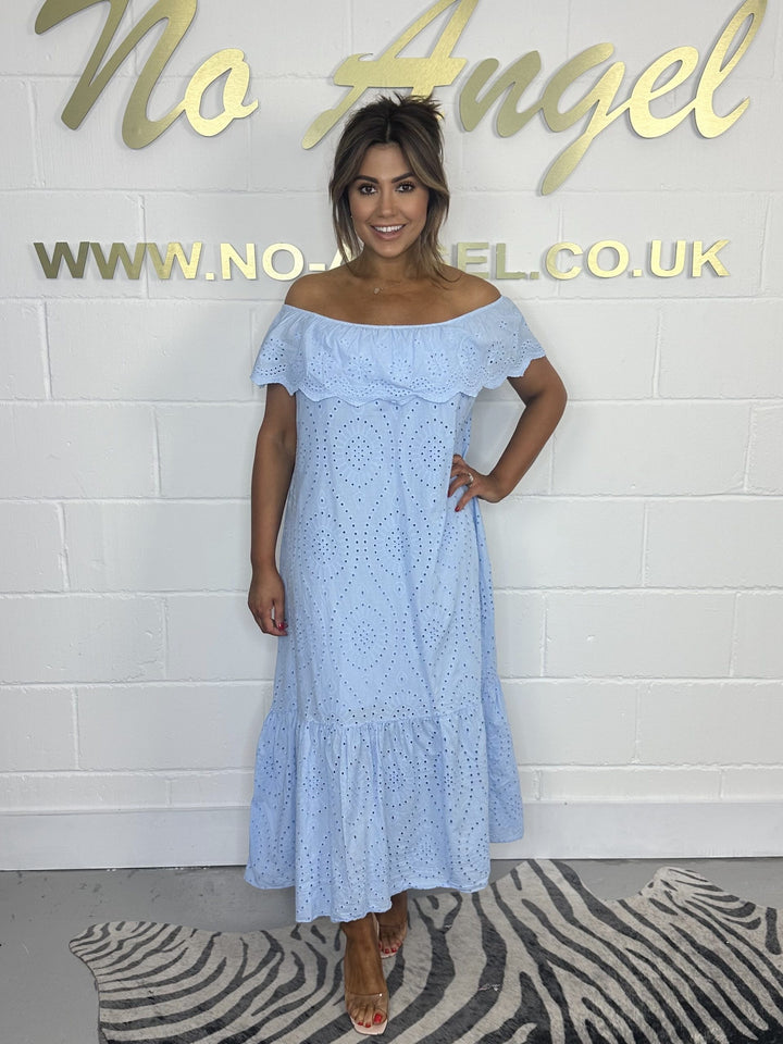 Sky Blue Bardot Embroidery Anglaise Maxi Dress 549