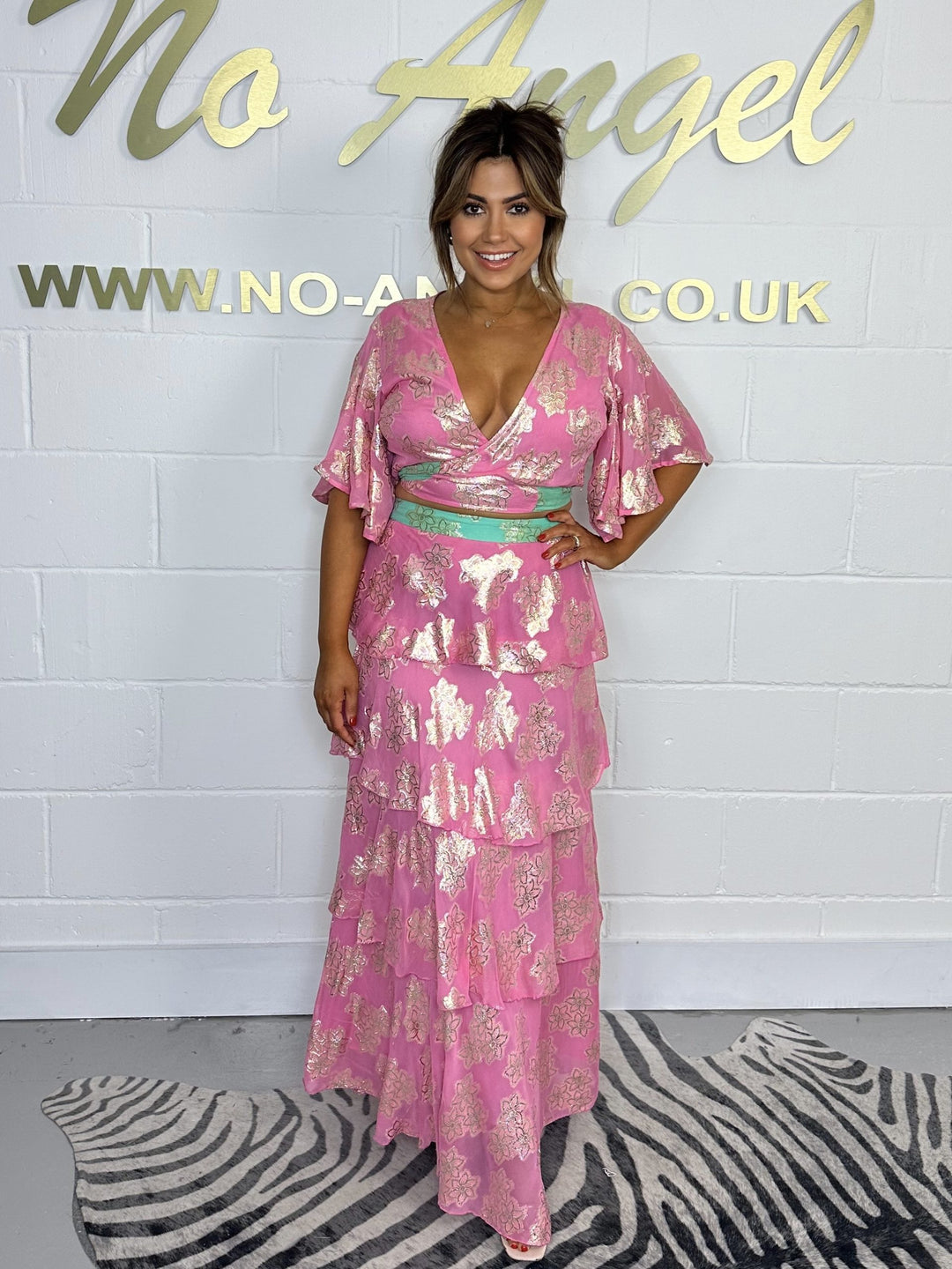 Gold Flower Pink & Green Tie Up Top & Skirt Co-Ord
