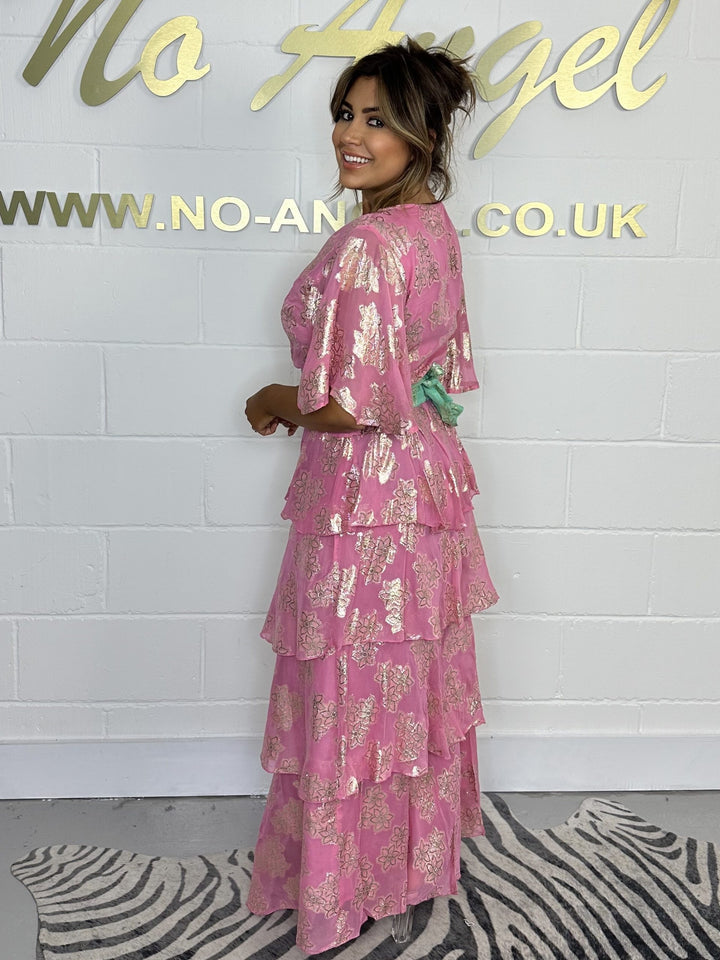 Gold Flower Pink & Green Tie Up Top & Skirt Co-Ord
