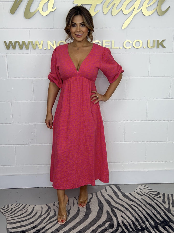 Pink/Orange Leopard Print V Neck Midi Dress