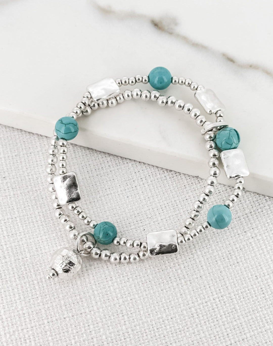 Silver And Turquoise Double Beaded Bracelet
