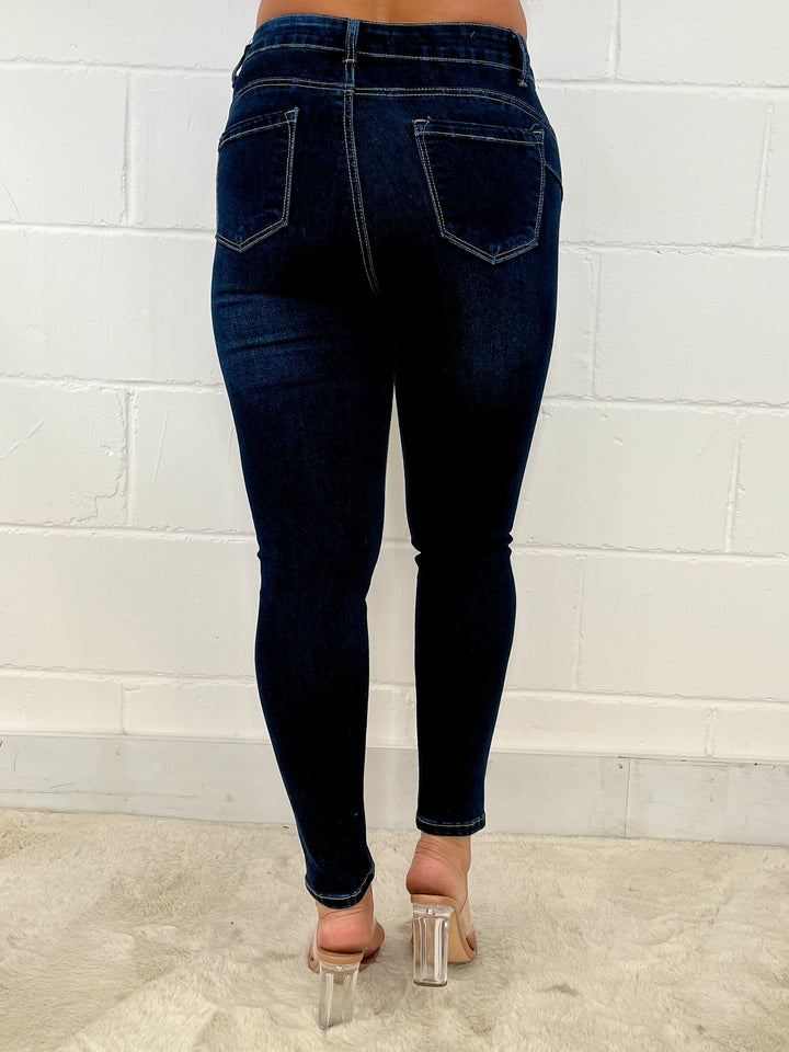 Dark Blue Push Up Bum High Waisted Plain Jeans
