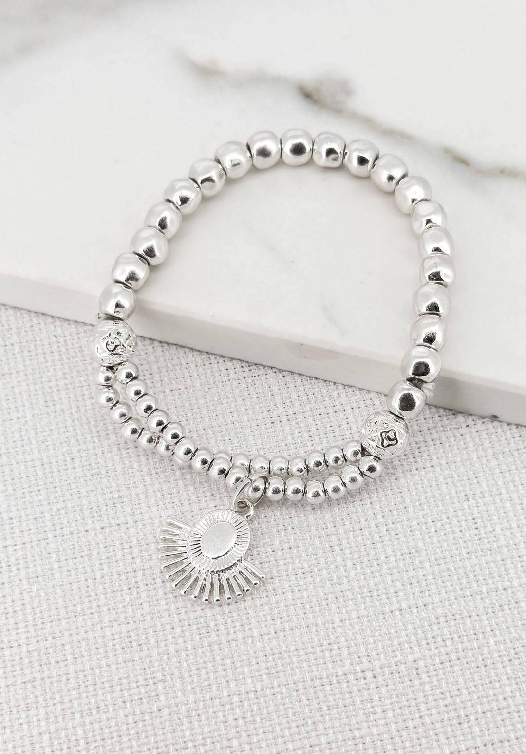 Silver Beaded Bracelet With Fan Style Pendant