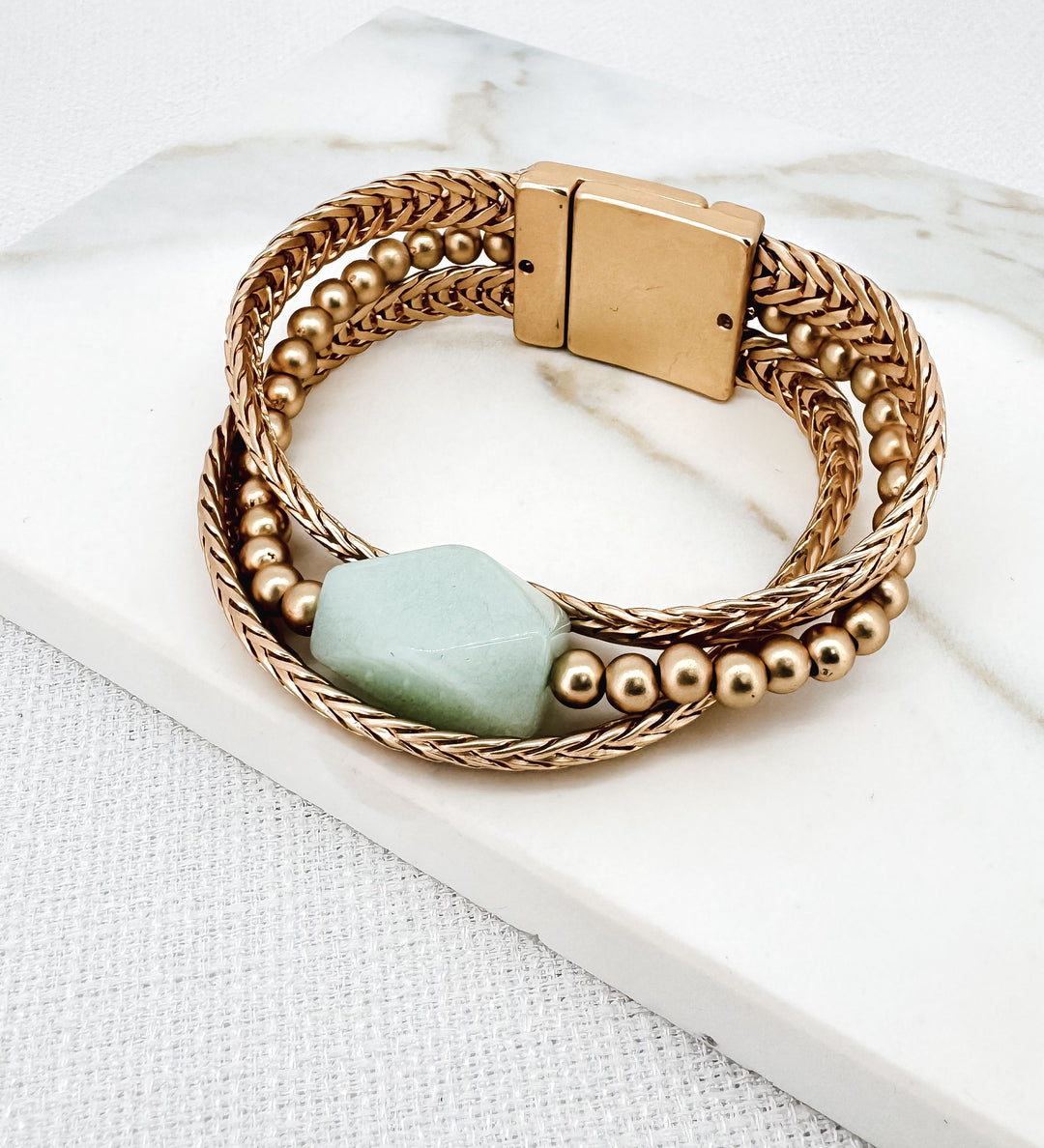 Gold Magnetic Three Loop Bracelet With A Green Marble Pendant