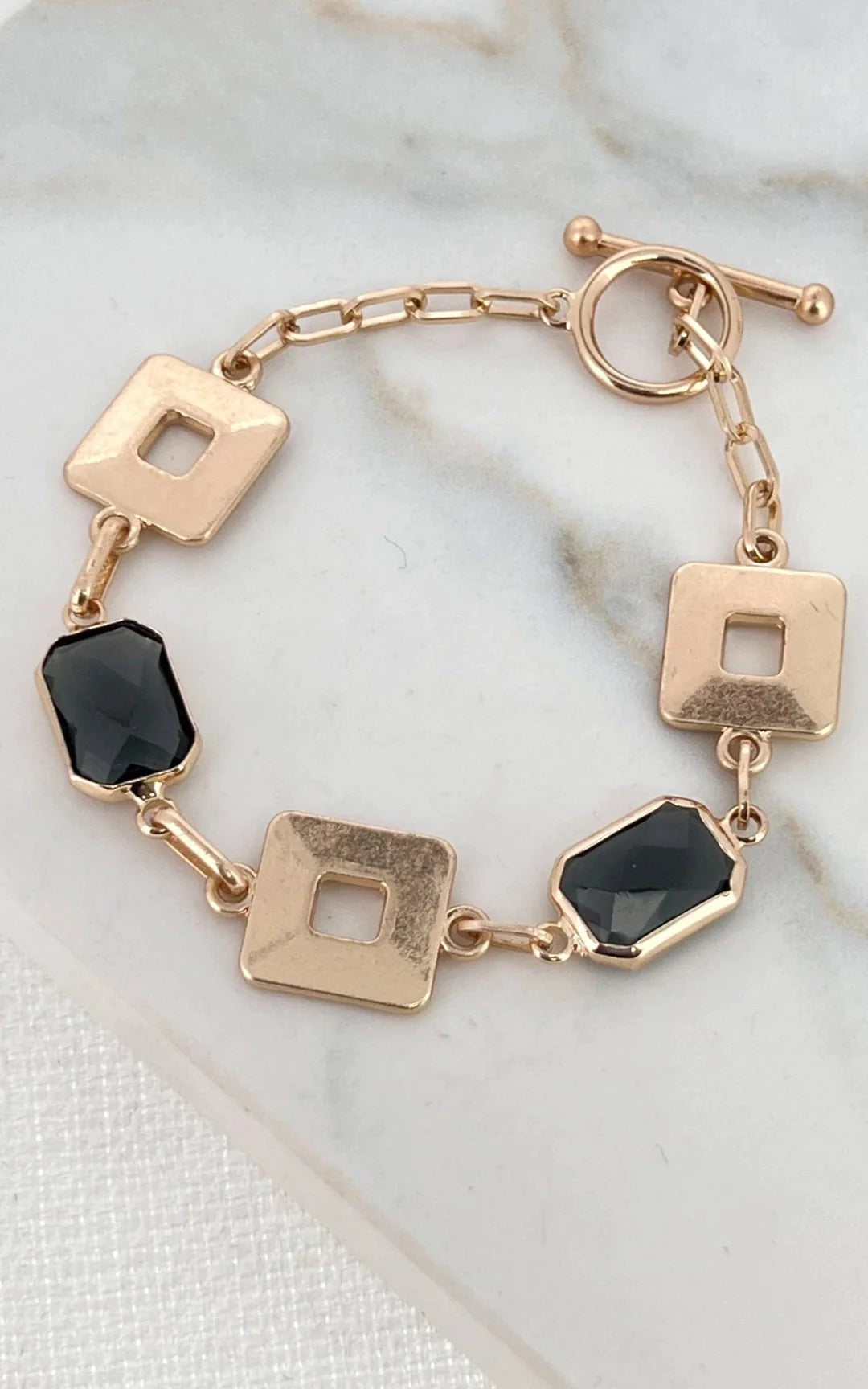 Gold Square T Bar Bracelet With Black Crystals