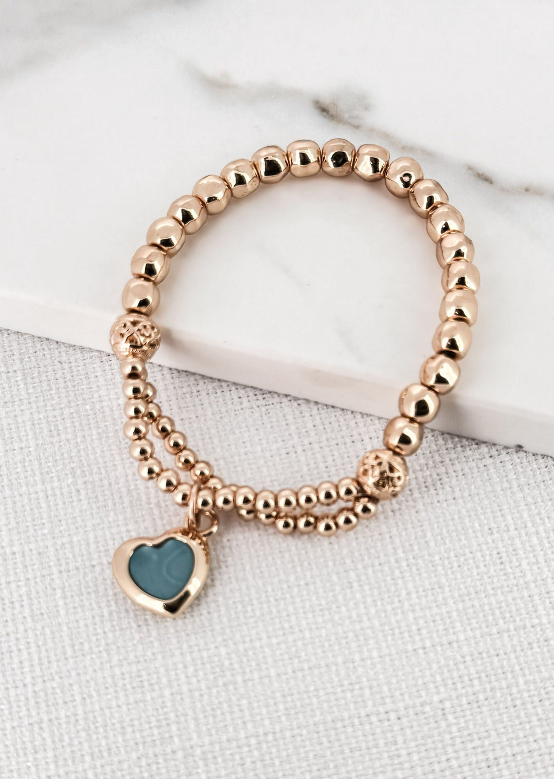 Gold Beaded Bracelet With Turquoise Heart Pendant
