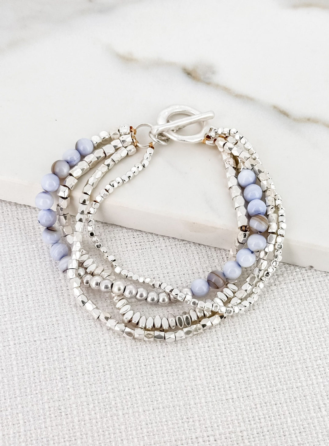 Silver Four Loop Thin Beaded Bracelet With Blue Marble Detail 8781