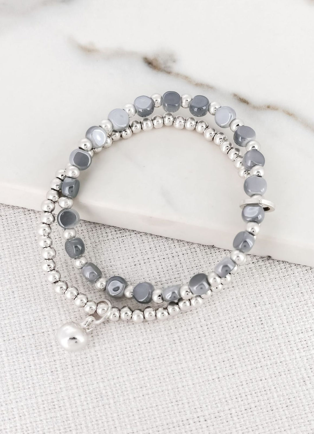 Silver Double Beaded Bracelet With Light Blue Beads 8807