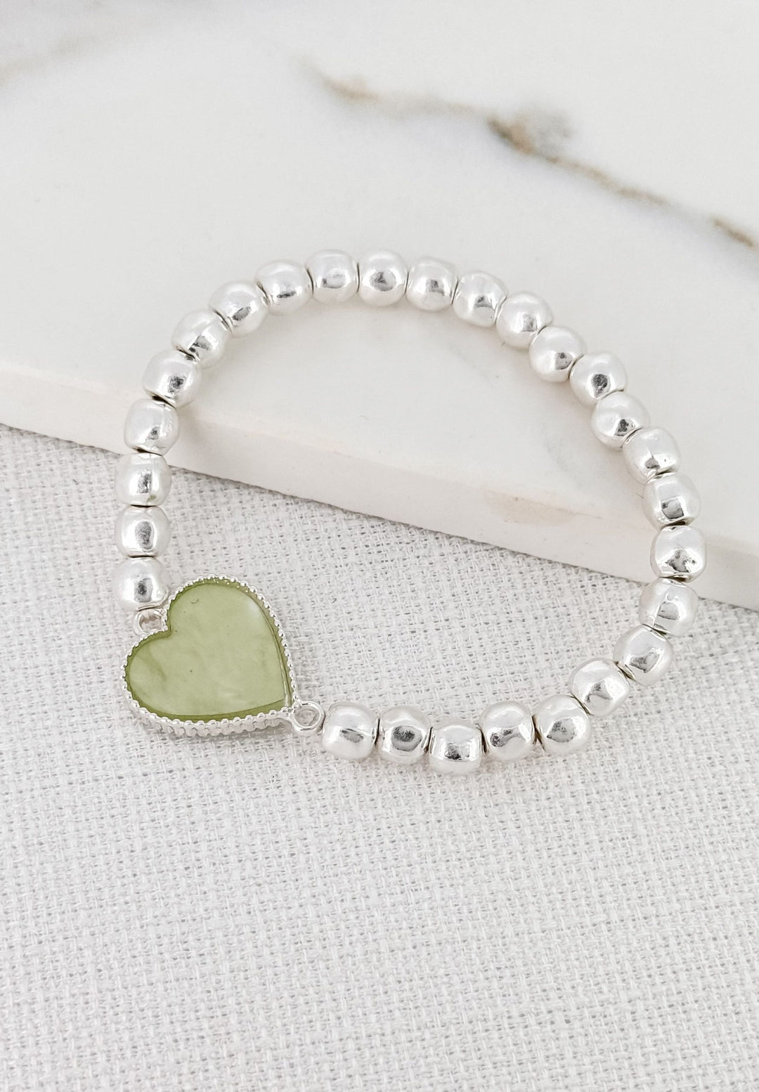 Silver Beaded Bracelet With Sage Green Heart 8778