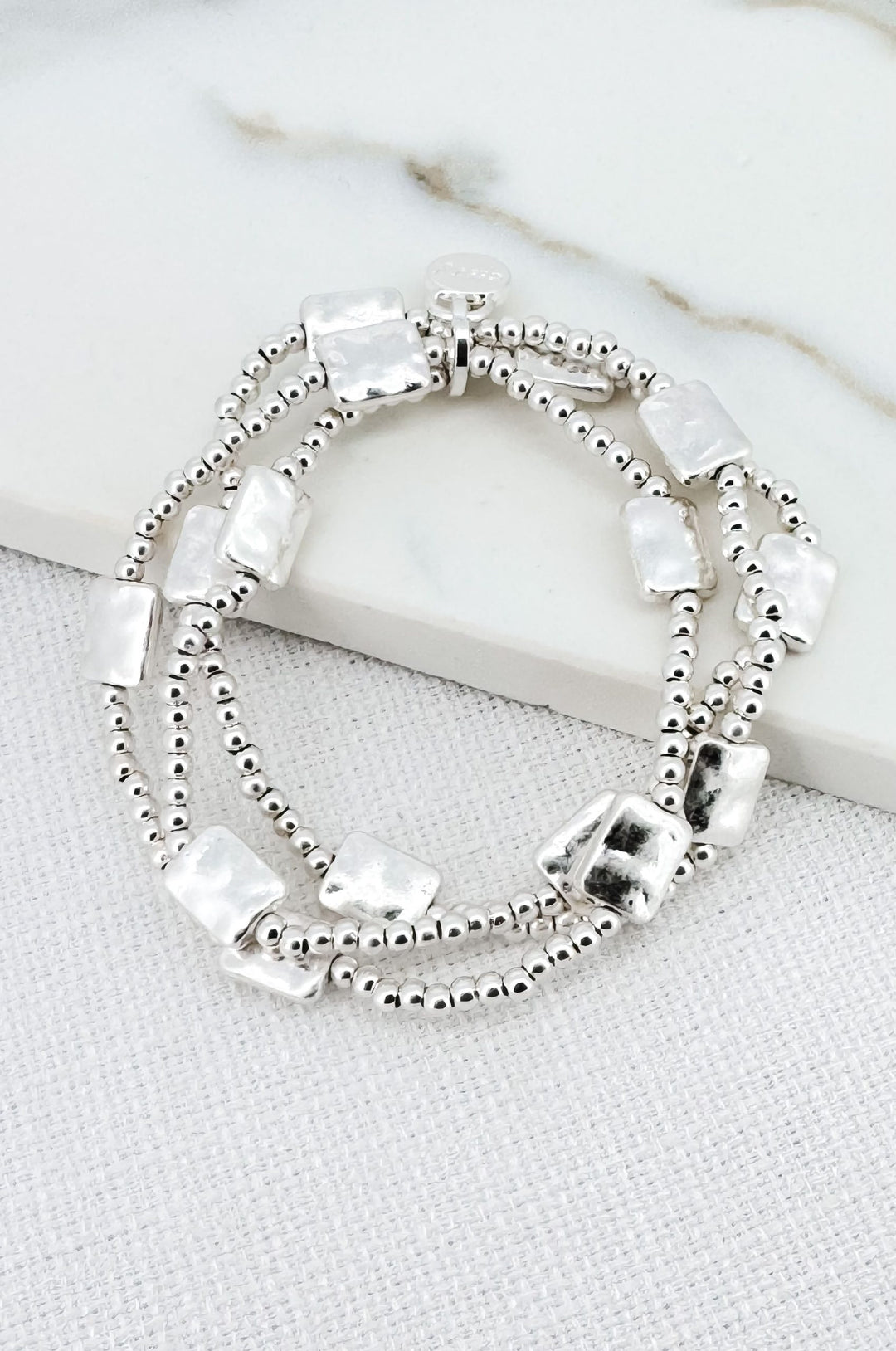 Silver Thin Beaded Three Loop Bracelet With Rectangle Detail
