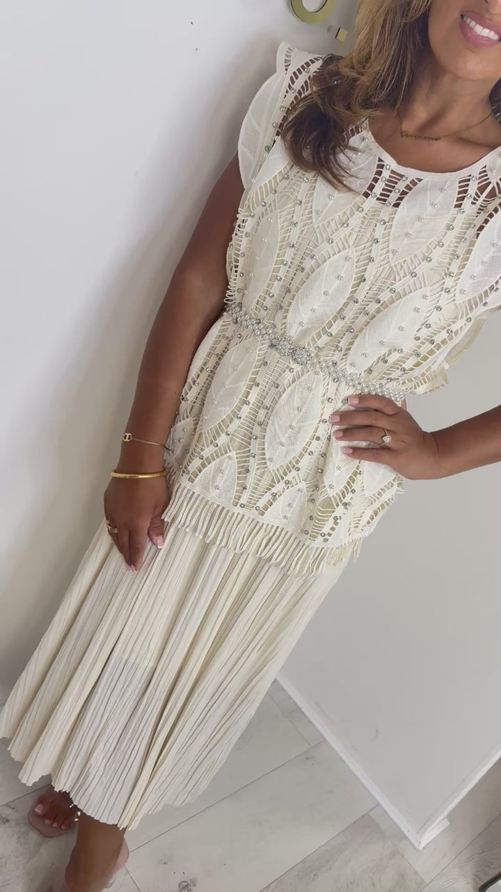 Cream Pleated Dress With Crochet Diamante Overlay Top & Pearl Belt