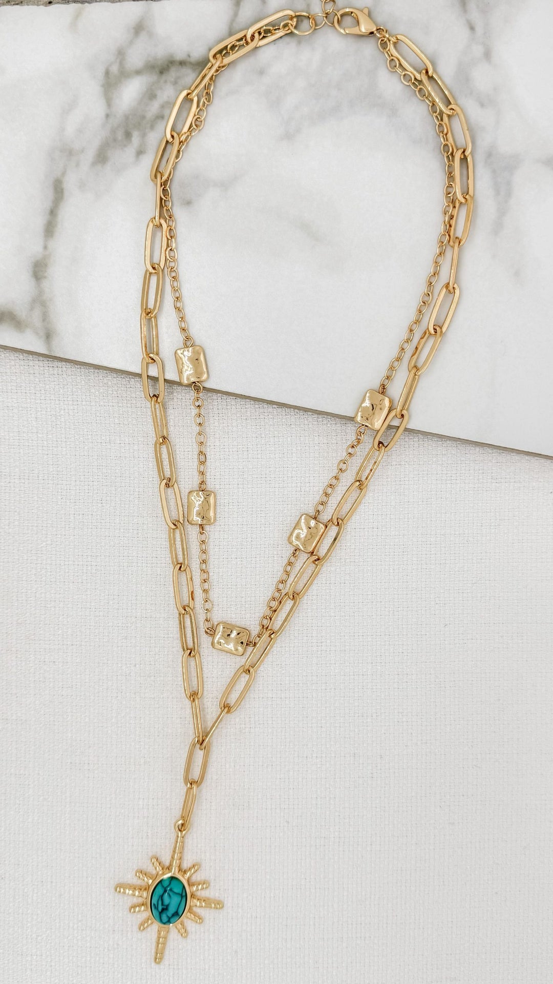 Gold Double Chain Necklace With Turquoise Star Pendant 9136