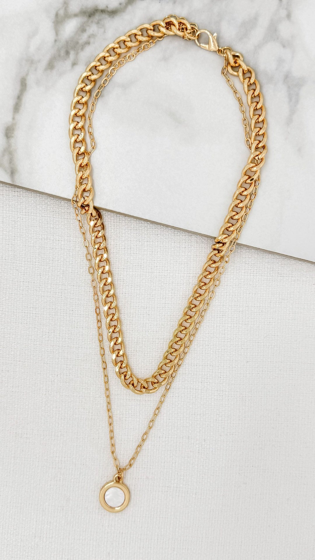 Gold Double Chained Necklace With Mother Of Pearl Circle Pendant