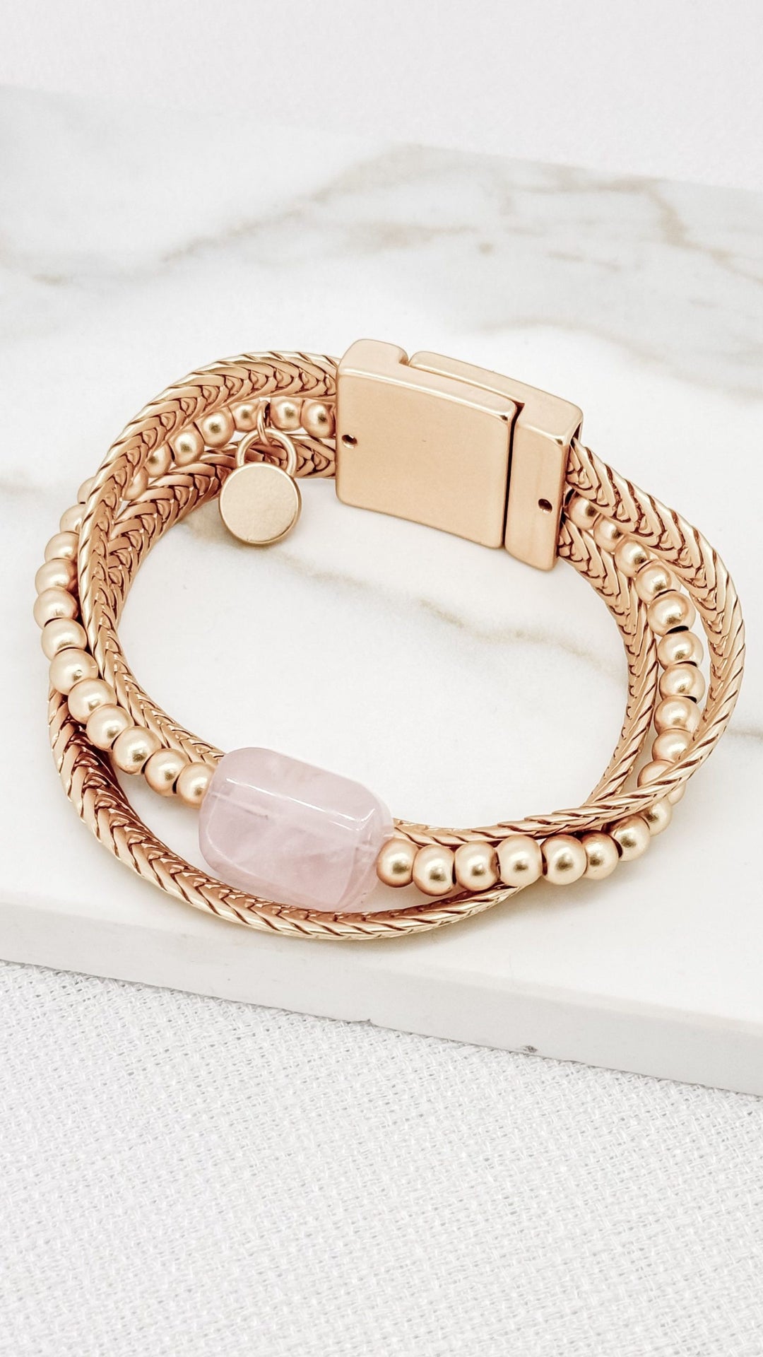 Gold Magnetic 3 Loop Bracelet With Pink Pendant