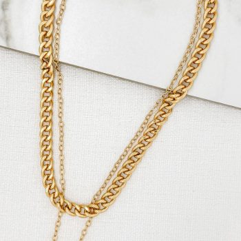 Gold Double Chain Necklace With Emerald Green Square Pendant 9138