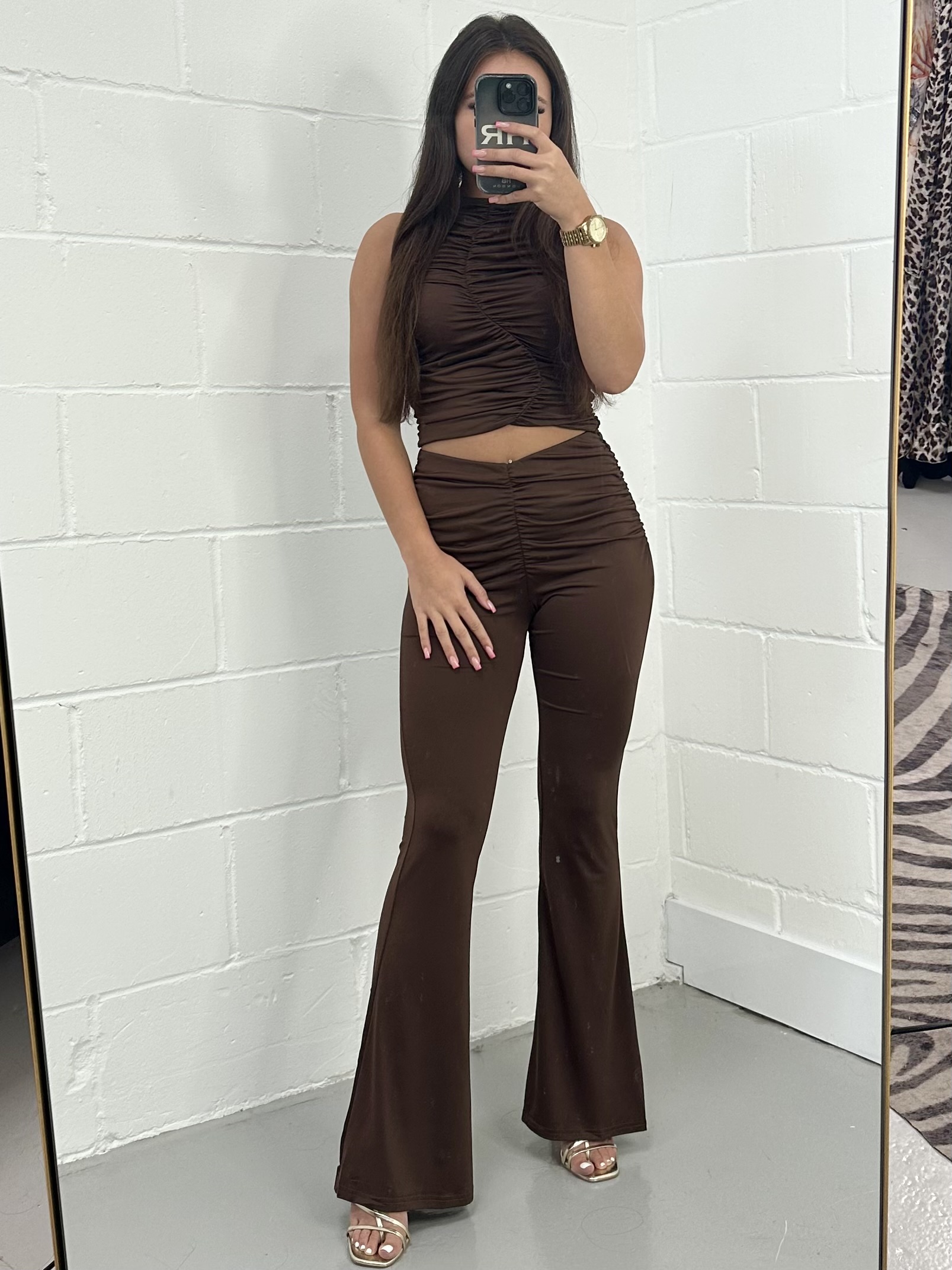Brown Ruched Top + Flared Trouser Co-ord 7204 - No Angel